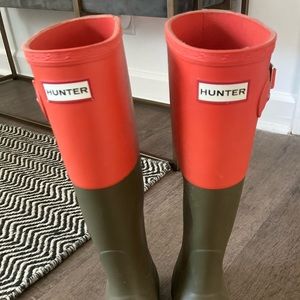 Hunter tall orange and green rain boot. Worn twice